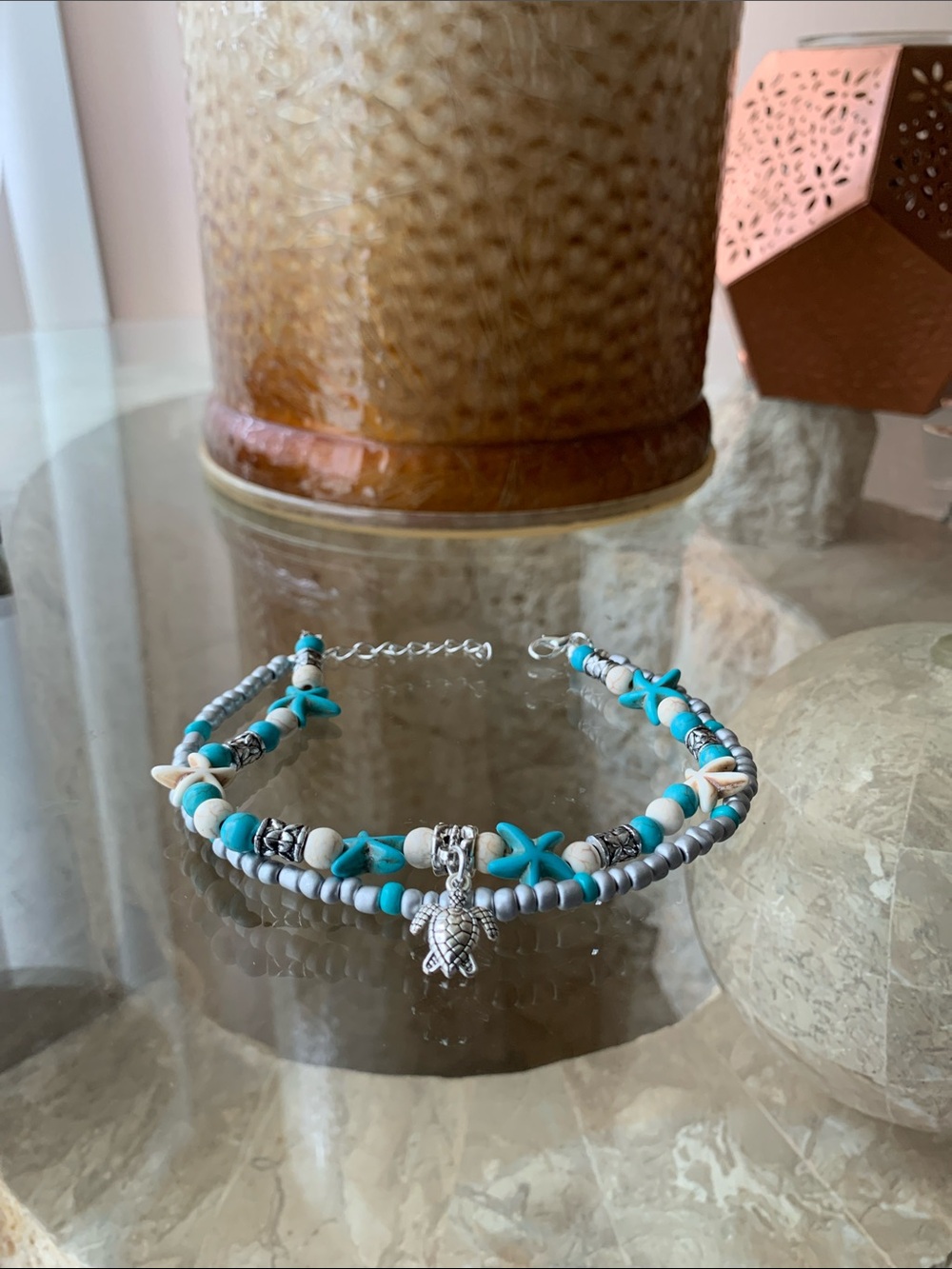 Turquoise Starfish Beaded Anklet with Turtle Charm